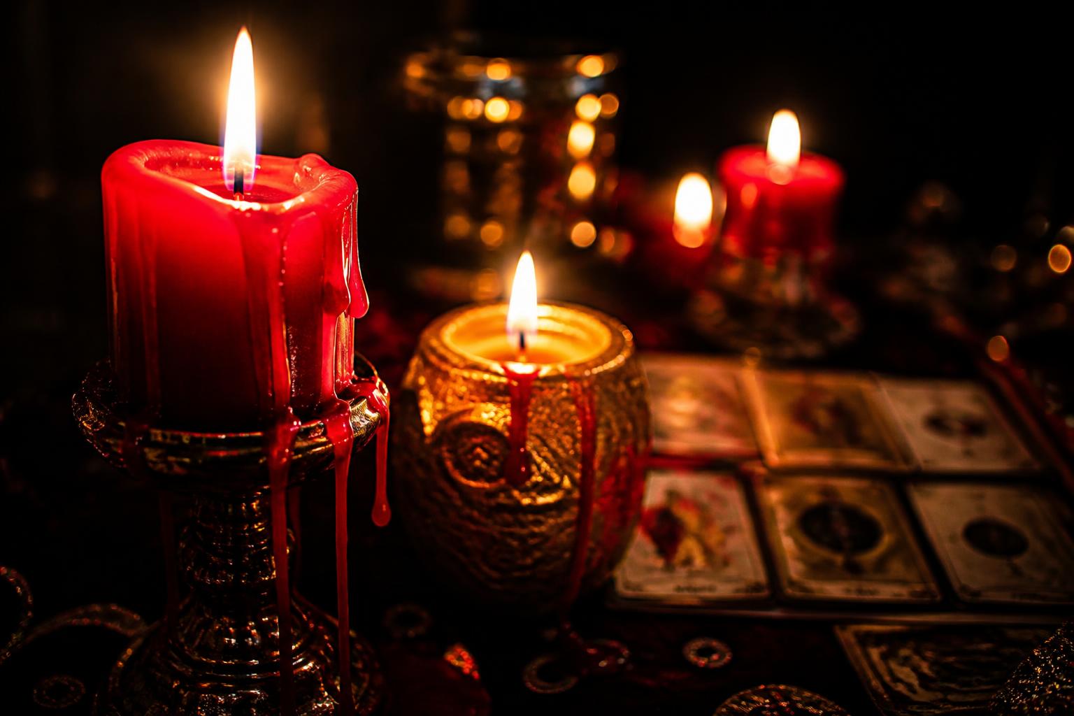 Velas rojas y doradas con cartas de la Baraja Gitana