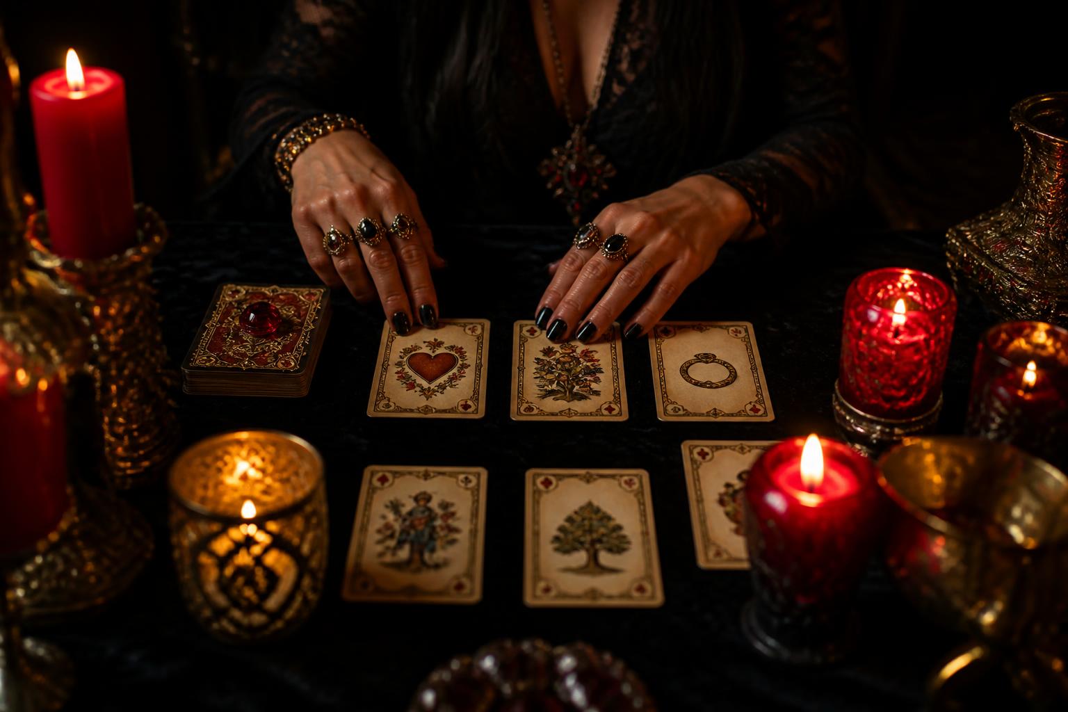 Manos con anillos leyendo cartas gitanas rodeadas de velas rojas