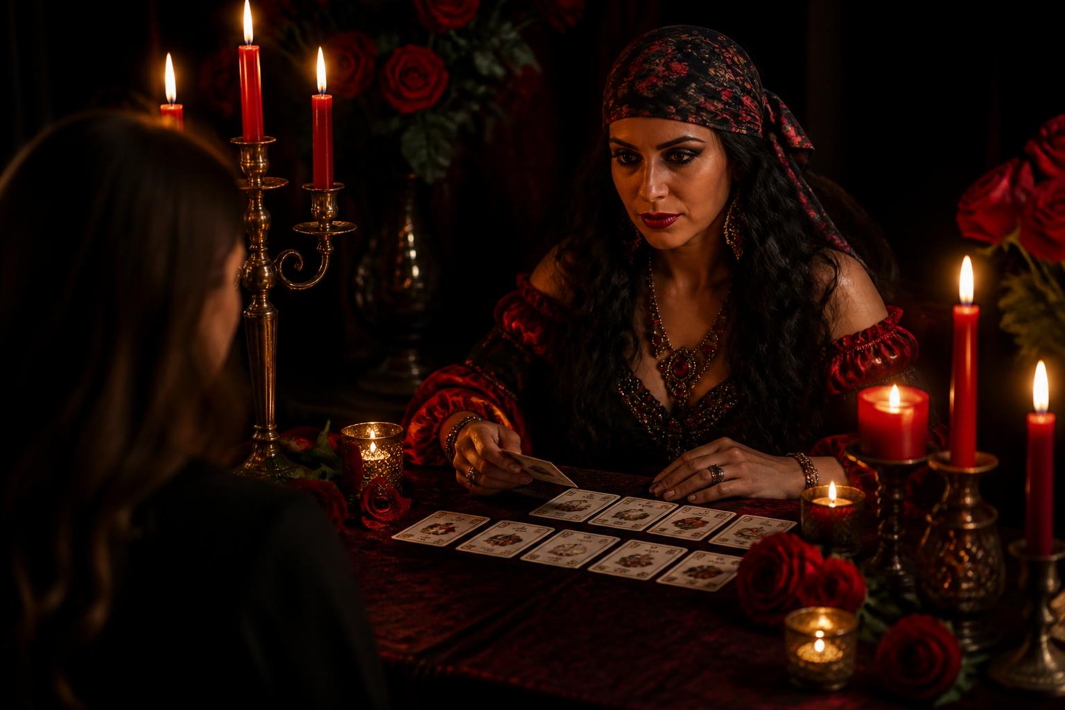 Cartomante atendiendo a su clienta con velas rojas y cartas gitanas