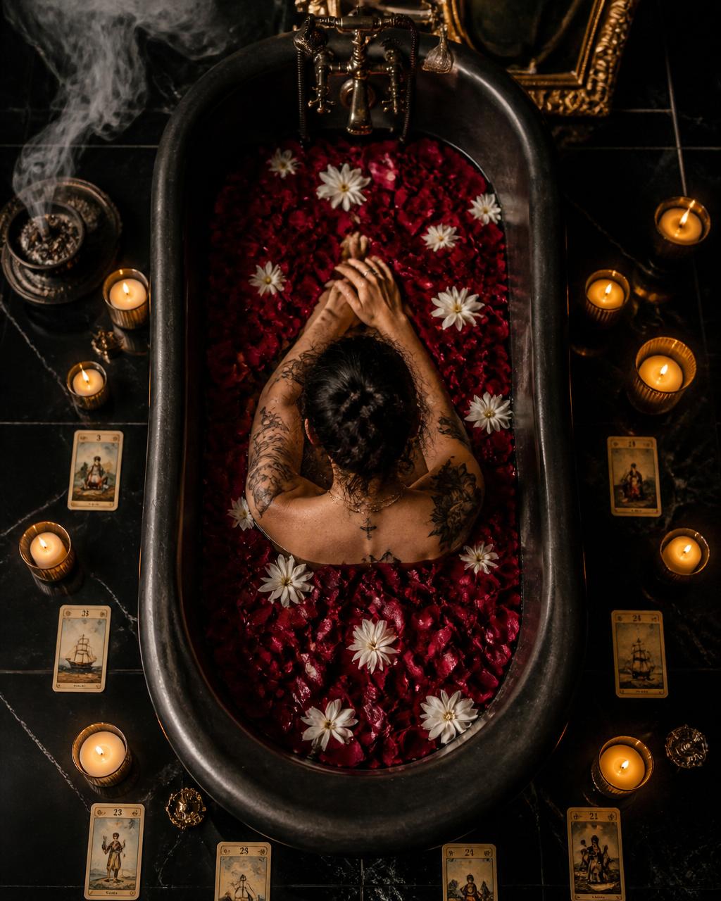 Baño espiritual con pétalos de rosa, velas y cartas gitanas